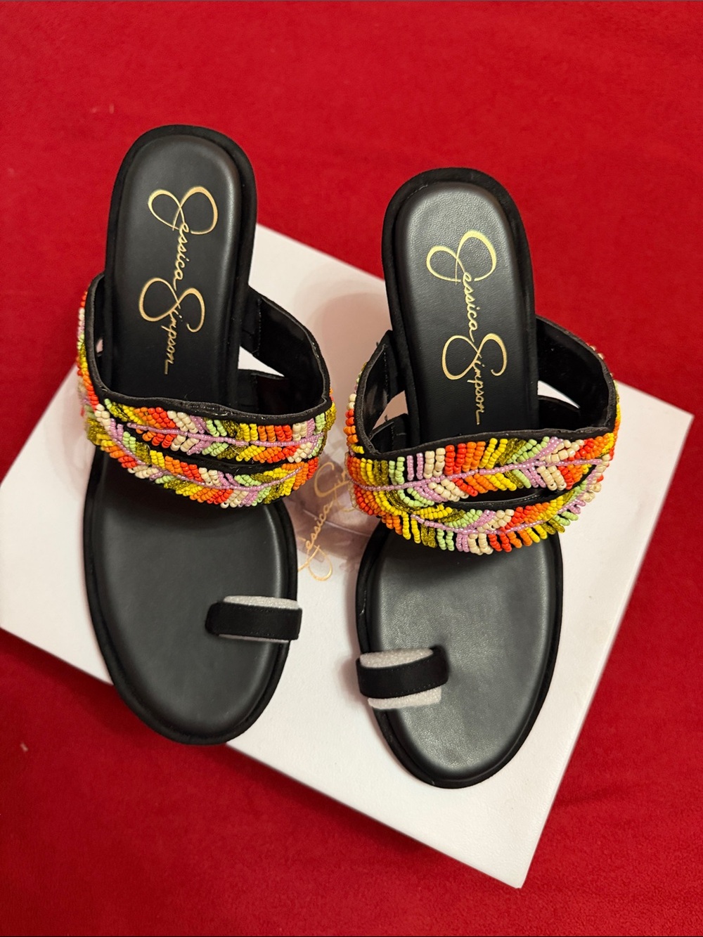 Jessica Simpson Black Slide Sandals with Multicolor Beaded Straps